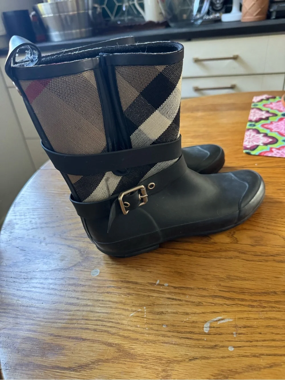 Burberry Black and Beige Plaid Rain Ankle Boots